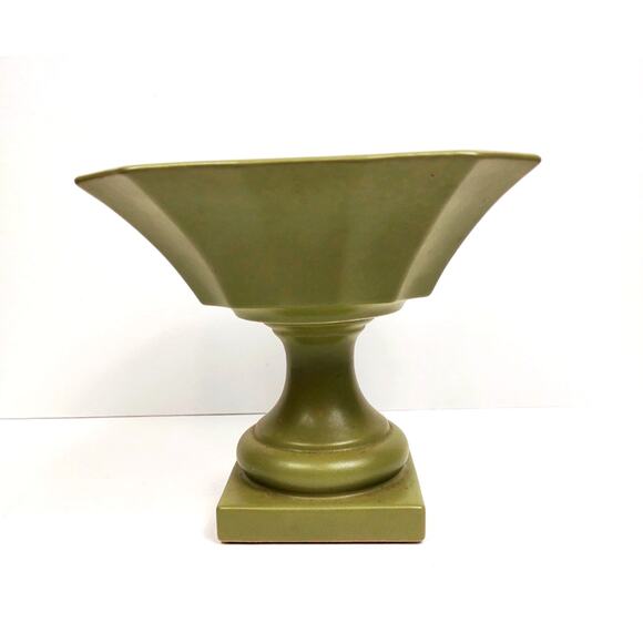 Vintage Hyalyn Pottery Square Pedestal Bowl Planter Green MCM Decor Scalloped - Picture 7 of 7